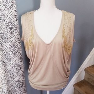 Tan Top that Drapes with Gold Bead & Sequin Detail